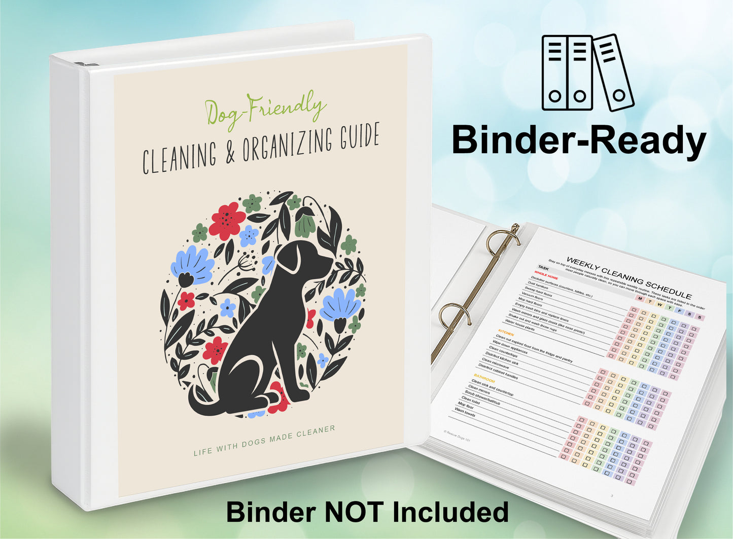 Mockup of a white binder with the Dog- Friendly Cleaning Guide cover. Open binder with printed pages in clear protected sheets.