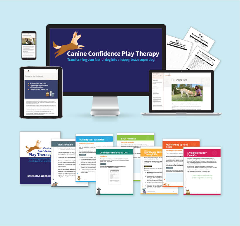 Canine Play Therapy Logo on a computer screen with a laptop and tablet showing videos. An array of printable PDF pages.