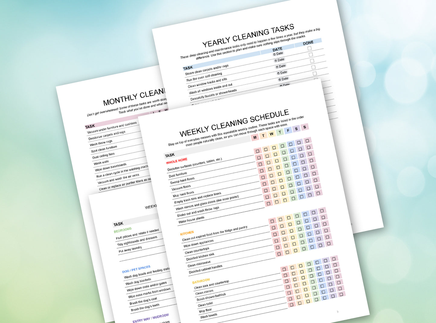 4 pages of Weekly, Monthly and Yearly Cleaning Checklists