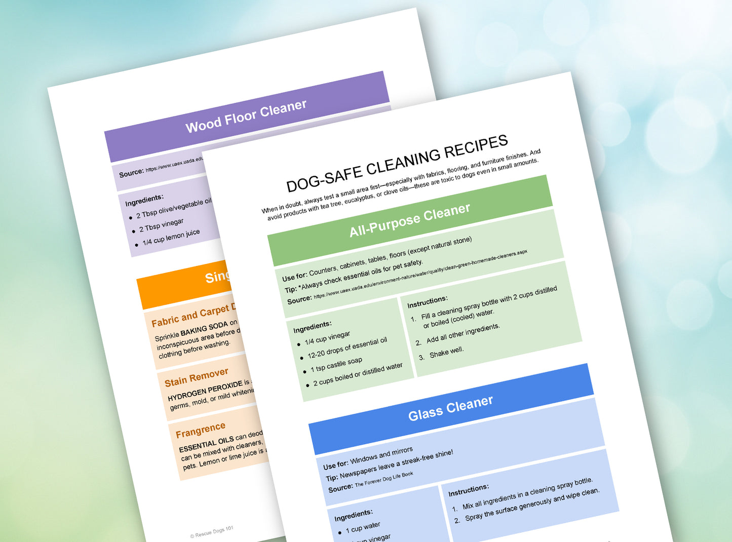 2 pages of Dog Safe Cleaning Recipes
