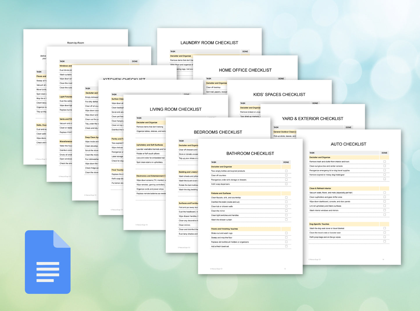 12 pages of Room by Room Cleaning Checklists
