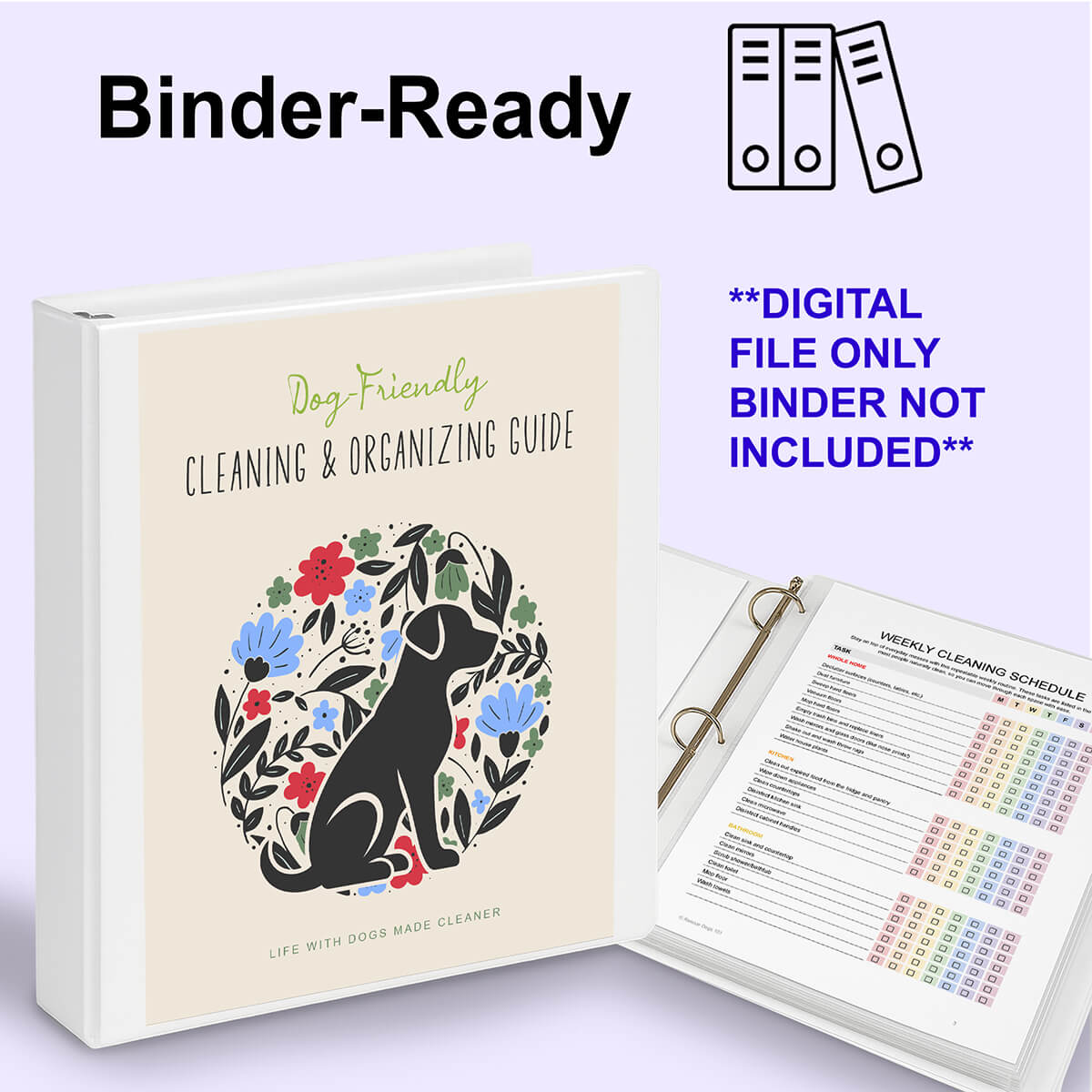 Mockup of a white binder with the Dog- Friendly Cleaning Guide cover. Open binder with printed pages in clear protected sheets.