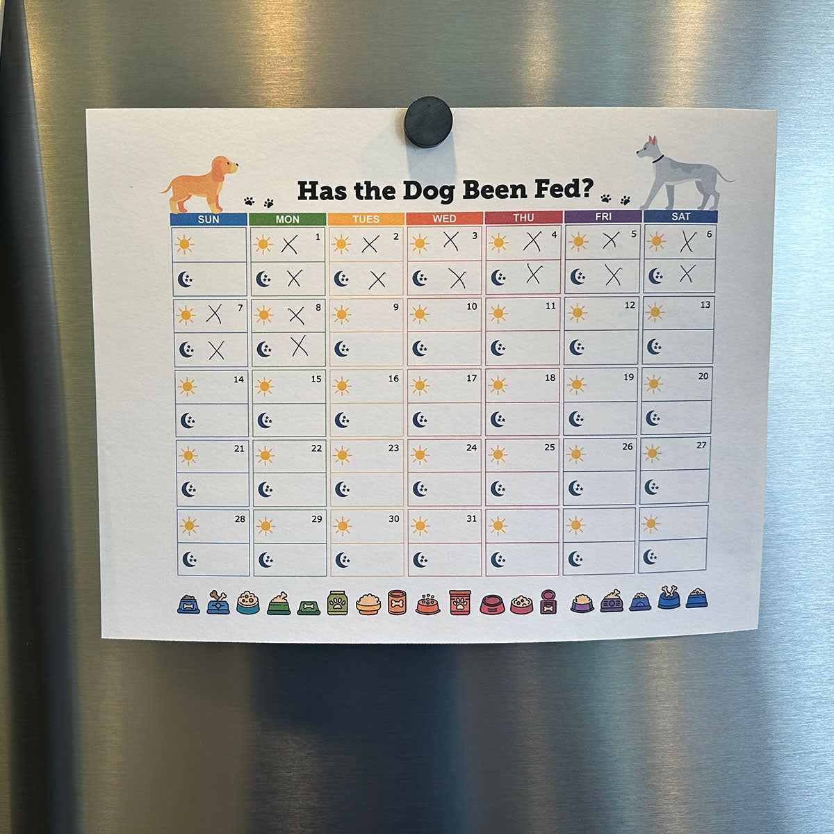Printable Dog Feeding Chart on refrigerator.