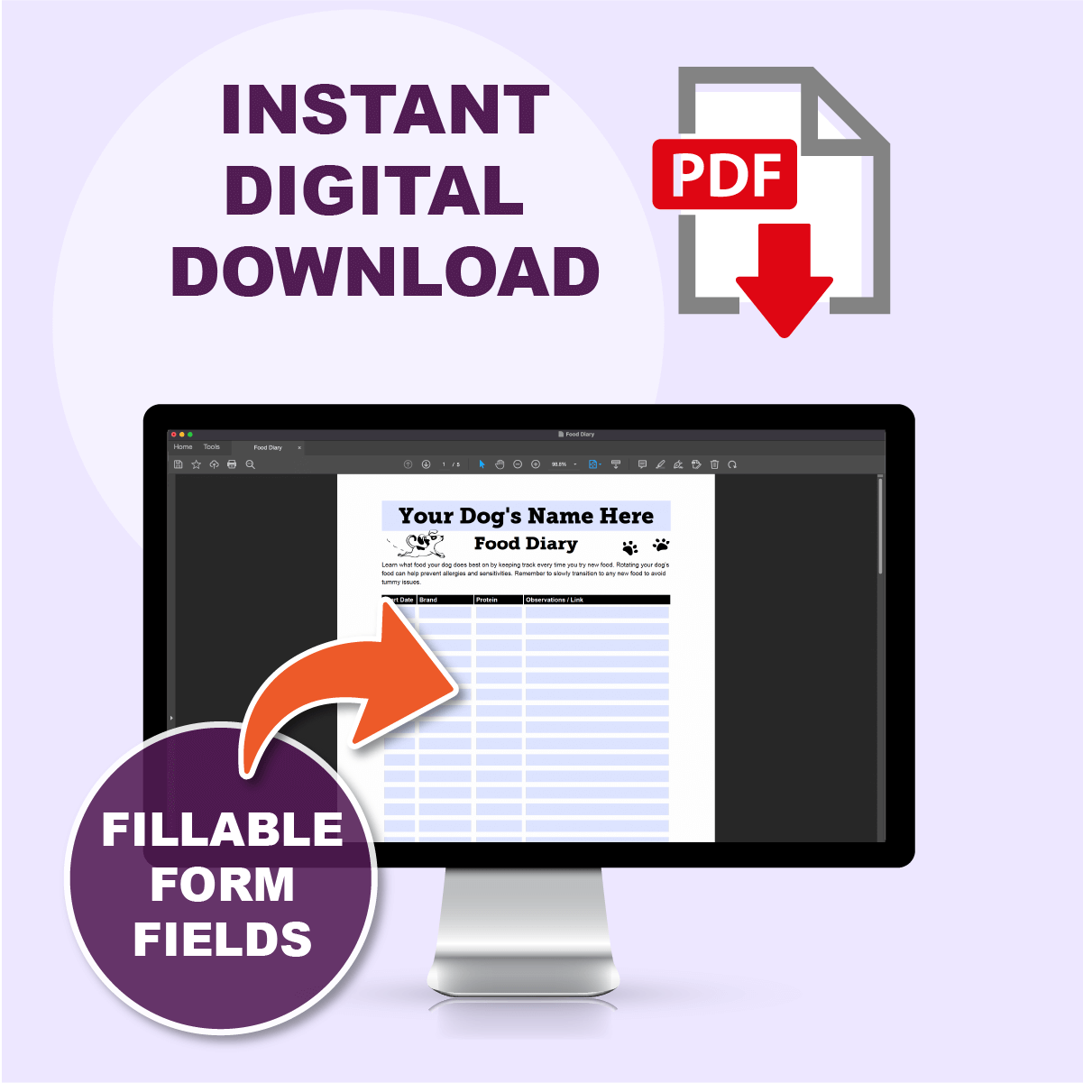 dog food diary with fillable form fields