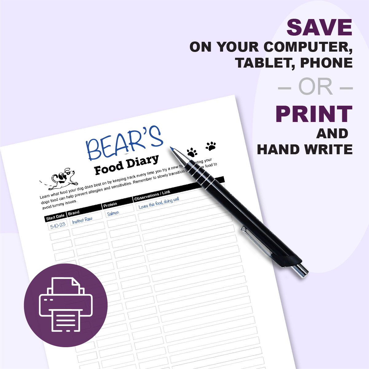 personalized pet food tracker printable