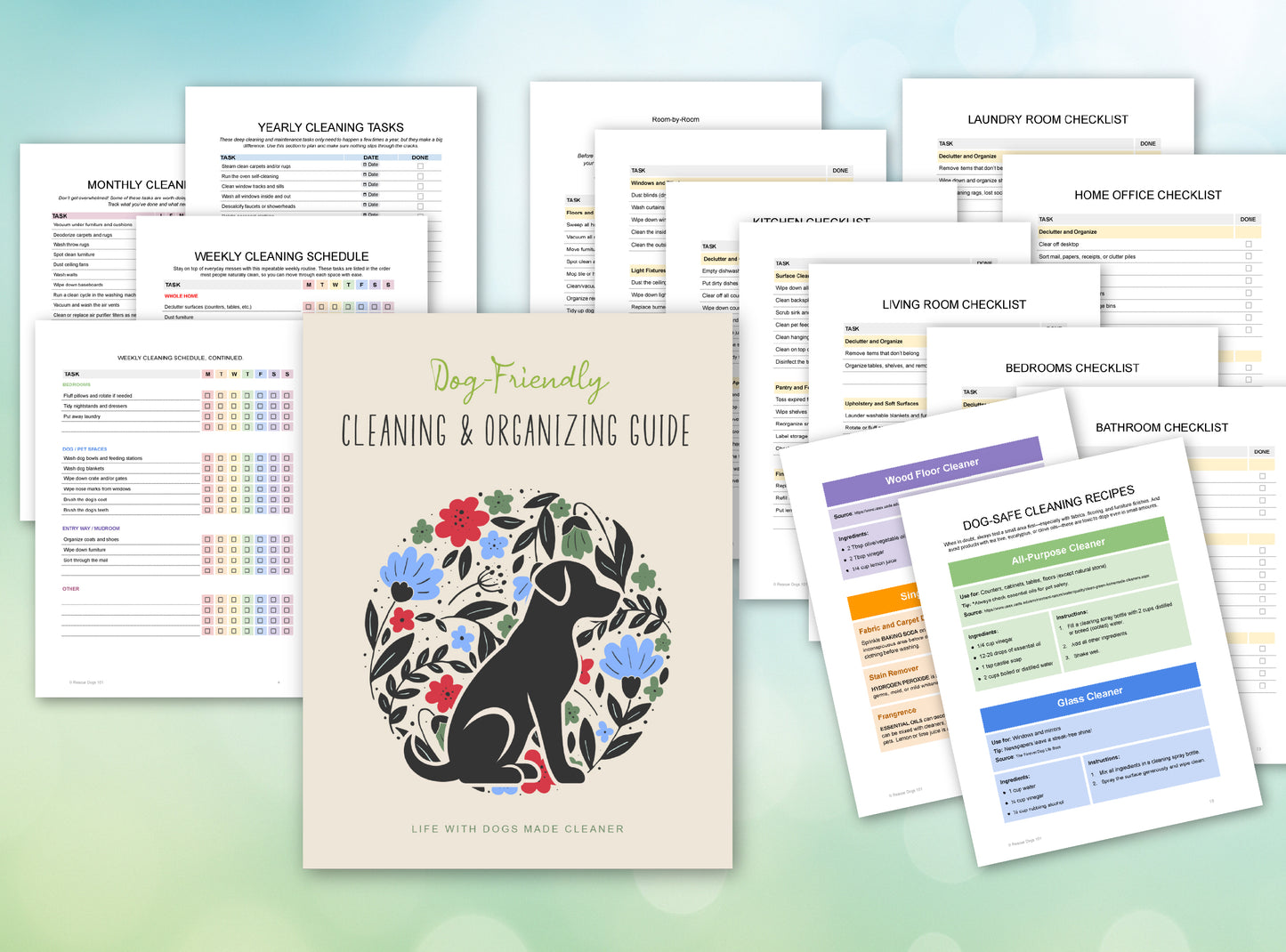15 pages of checklists and cleaning tasks with a light beige cover with a dog and floral pattern.