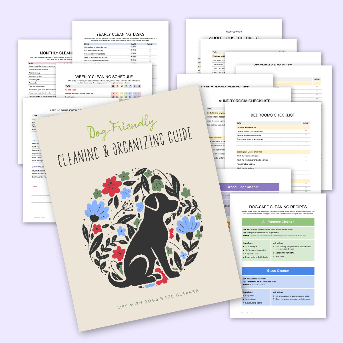 15 pages of checklists and cleaning tasks with a light beige cover with a dog and floral pattern.