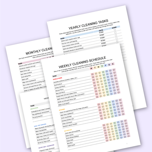 4 pages of Weekly, Monthly and Yearly Cleaning Checklists.