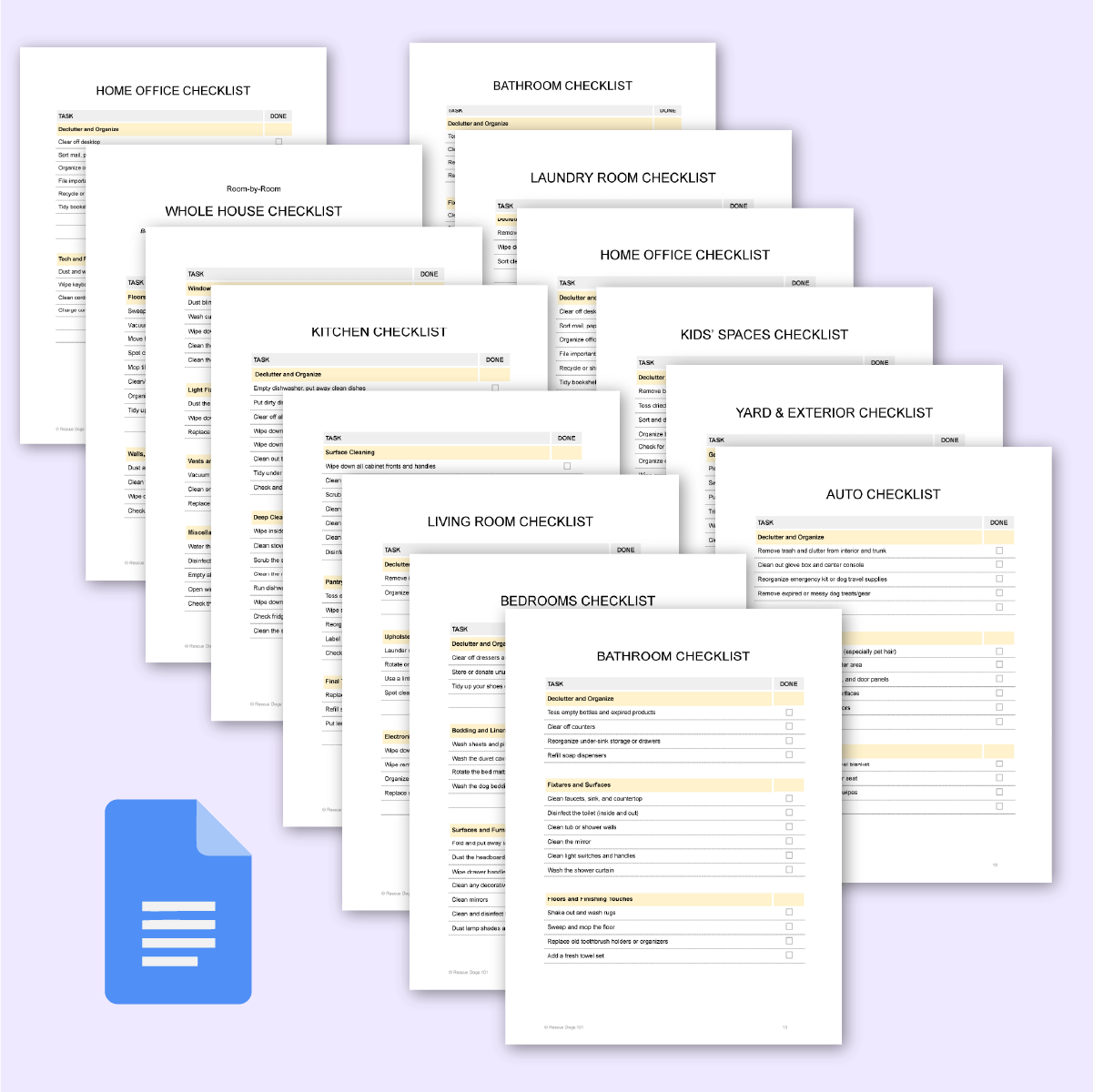 12 pages of Room by Room Cleaning Checklists.