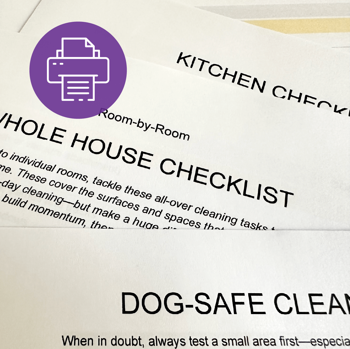Photo of printed checklists, Room by Room, kitchen and whole house checklists.