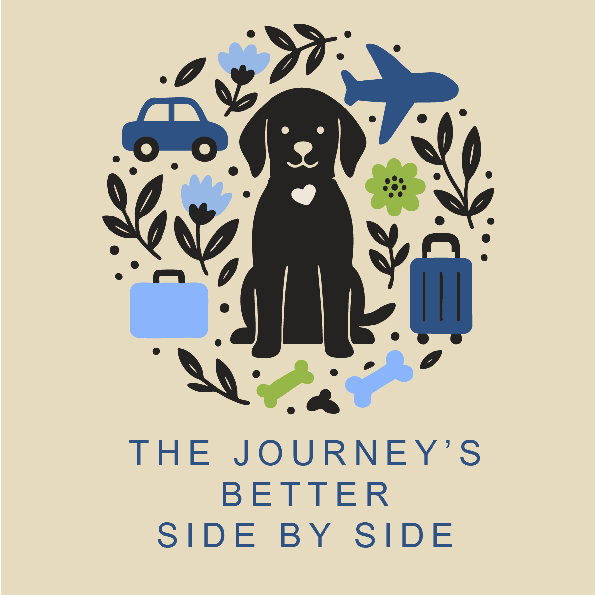 Illustration of a black dog surrounded by travel-themed icons on a beige background with text 'The Journey's Better Side by Side'.