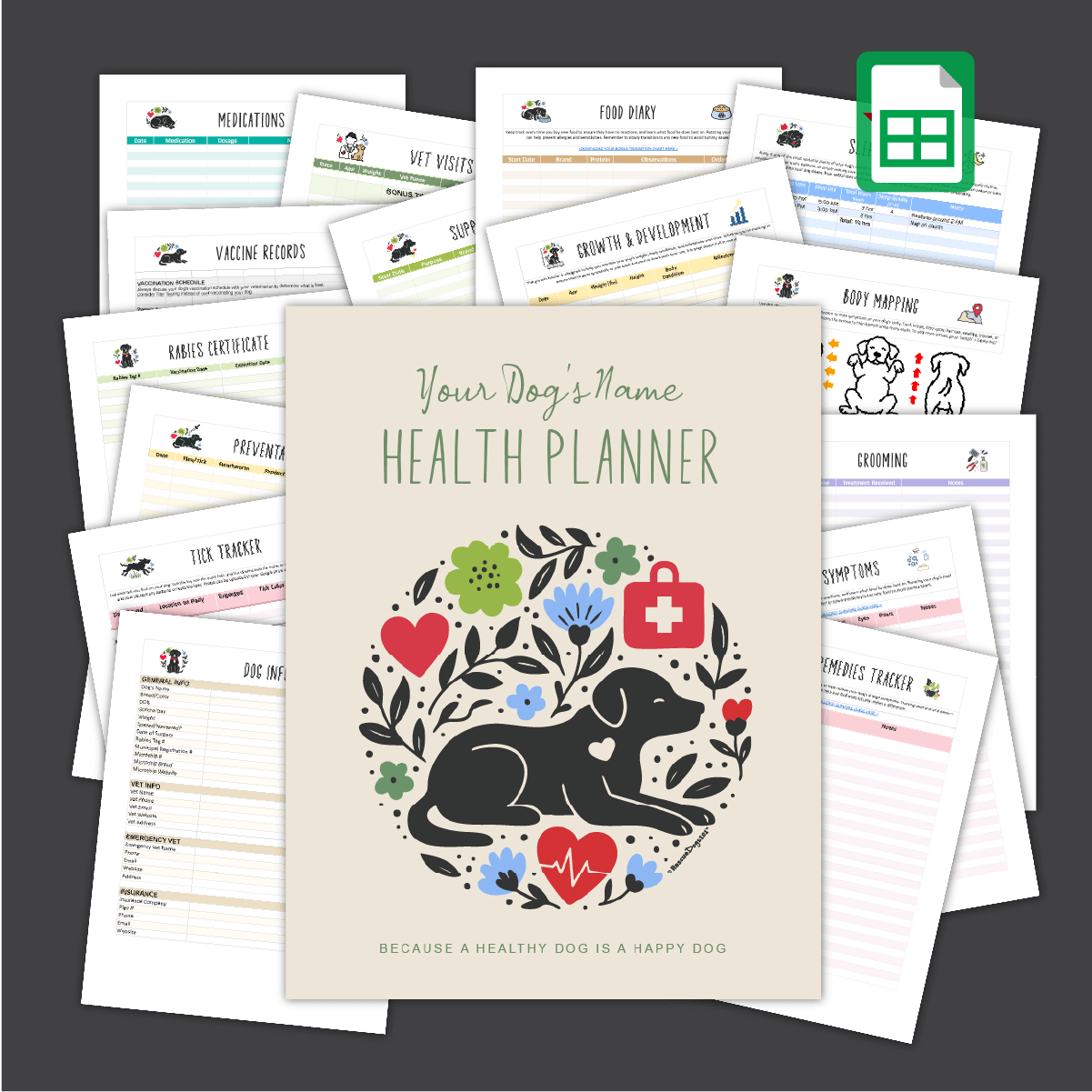 Dog health planner with various pages on a dark background