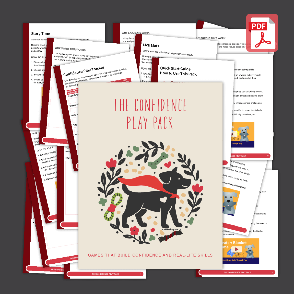 The Confidence Play Pack with a black dog illustration on a gray background