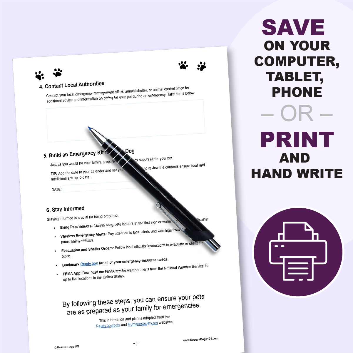 Pet Emergency Planning page with a pen to hand write notes.
