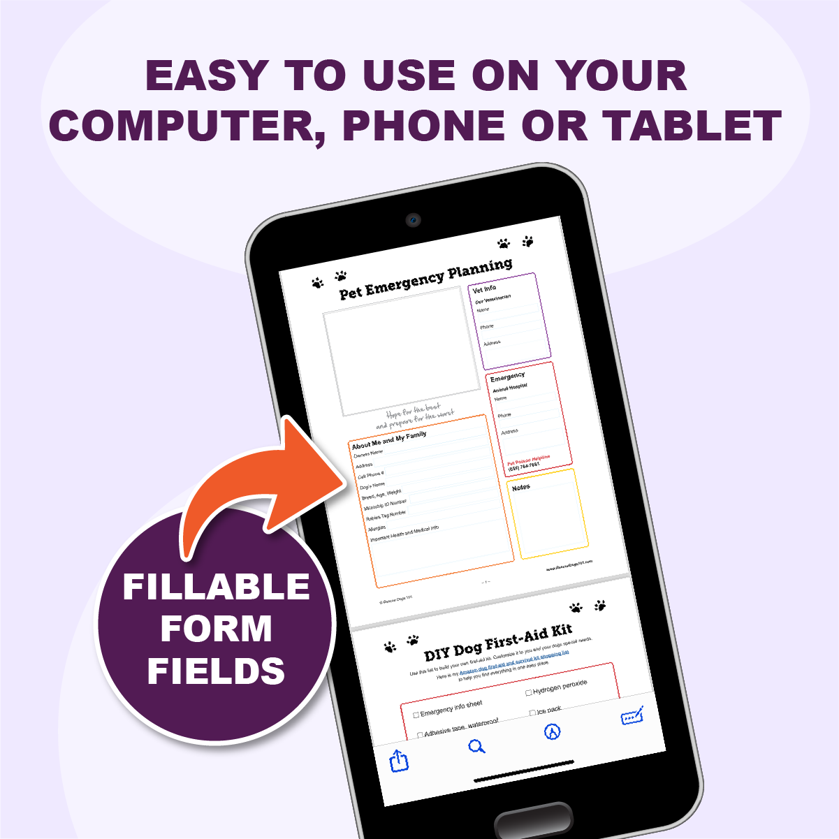 Pet Emergency Planning PDF with fillable form fields on phone, computer or tablet.