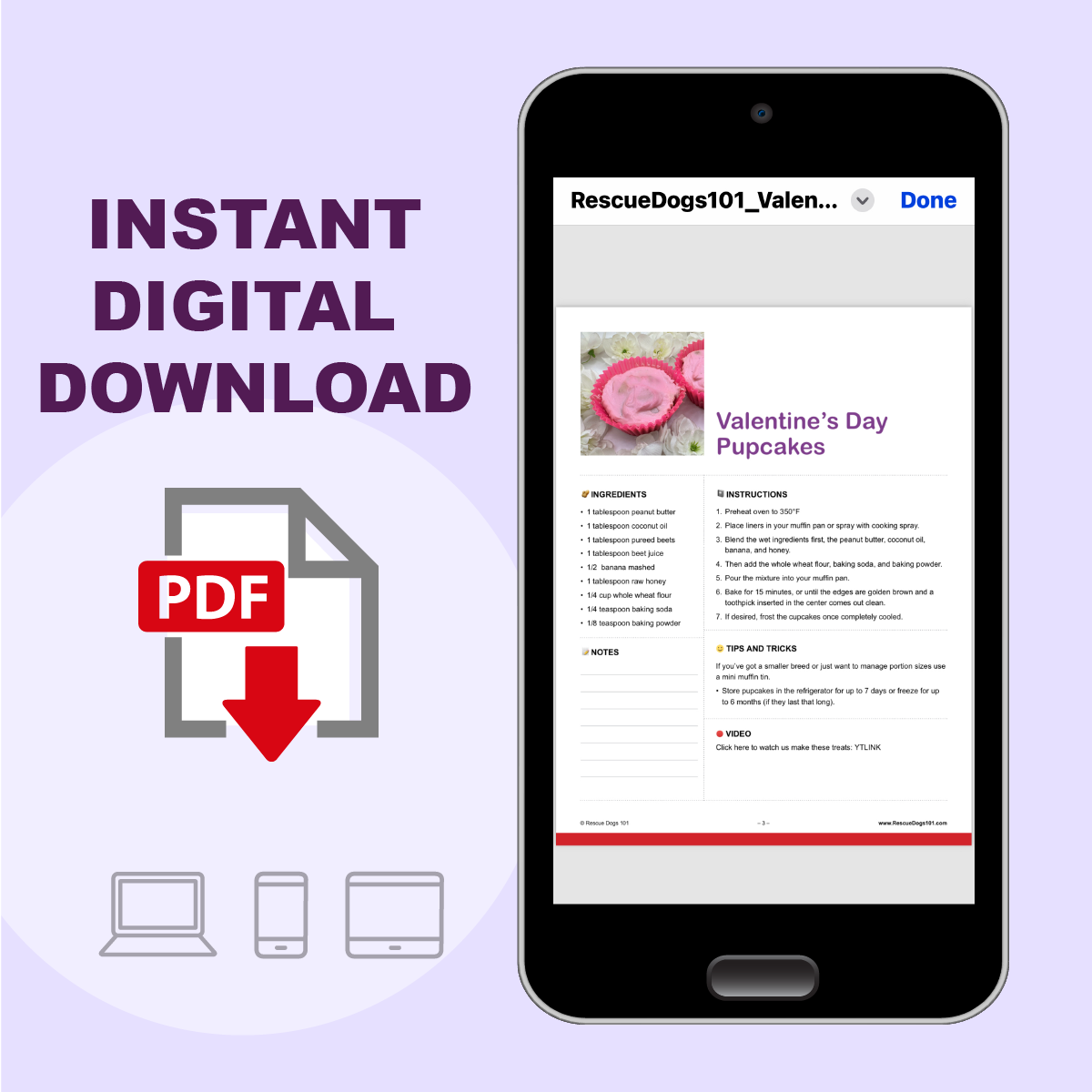 Mockup of dog treat recipe PDF on a mobile phone.