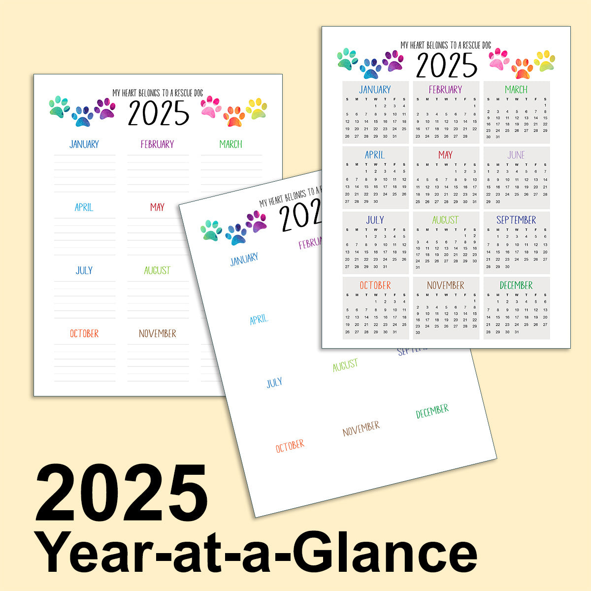 Three 2025 year at a glance calendars.