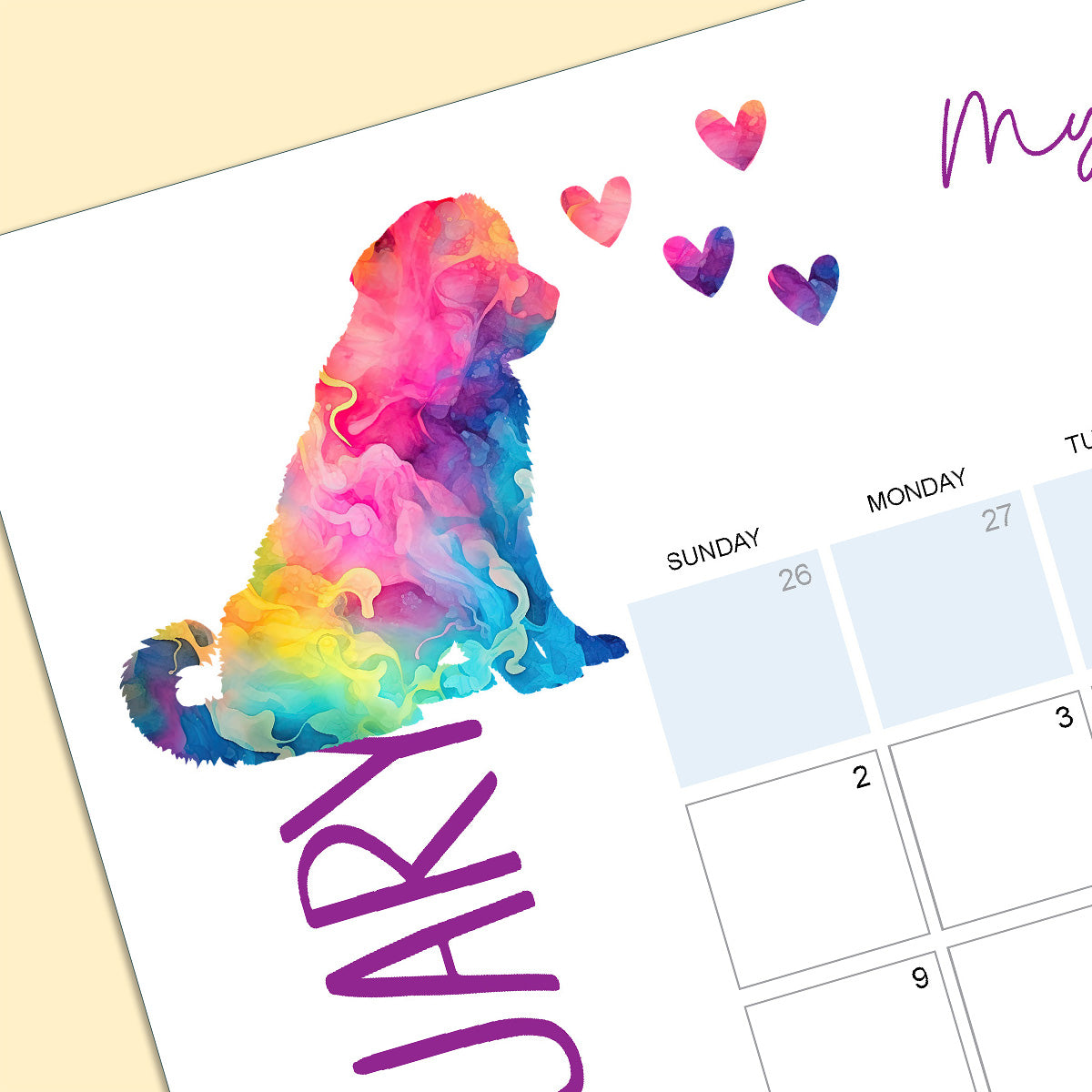 Close up of February calendar page with a bright colorful swirl pattern dog and hearts.