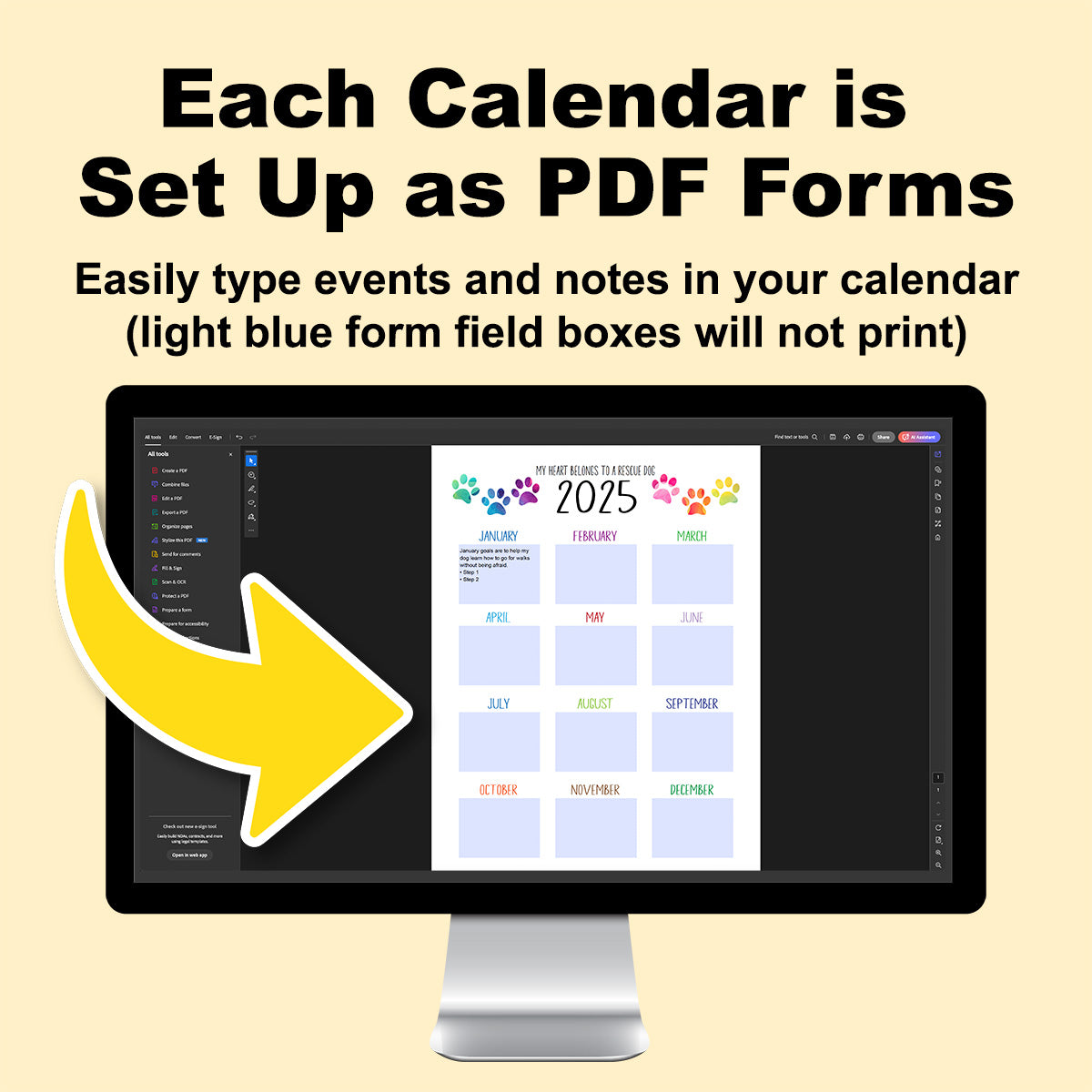 Year at a glance calendar on computer showing fillable form fields.