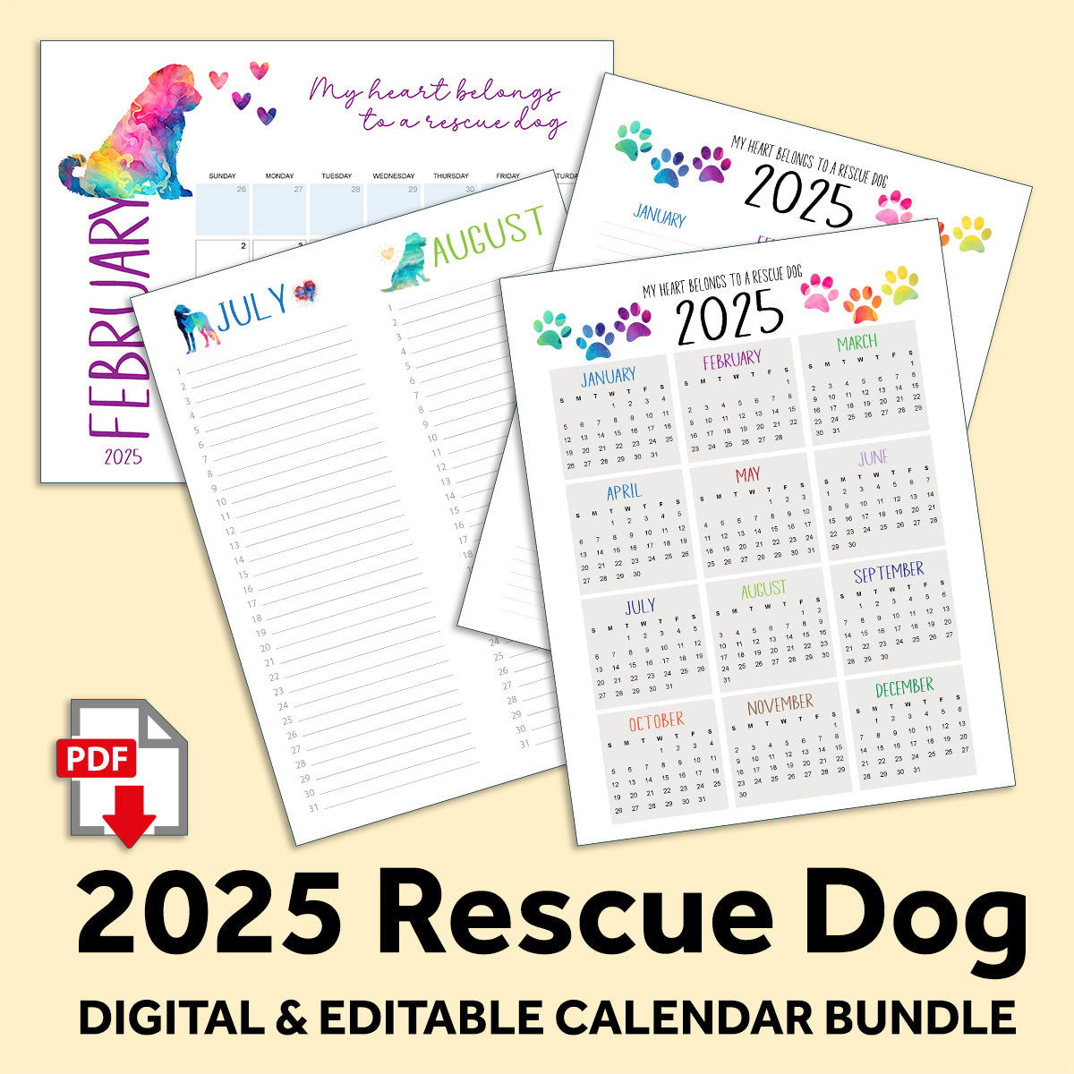 2025 rescue dog digital calendar bundle, 4 letter size pages with calendar pages.