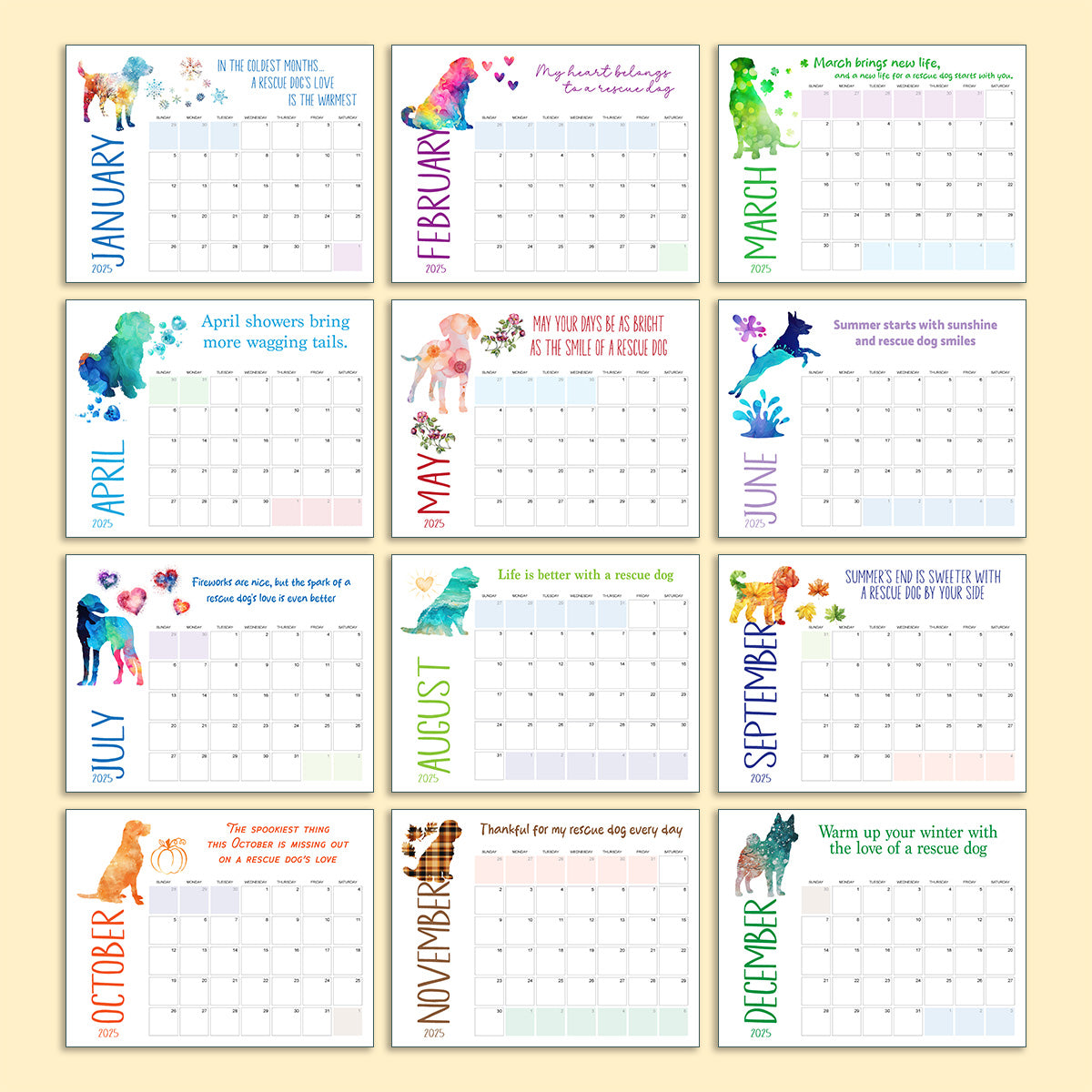 12 months of calendar pages showing different rescue dogs in color.