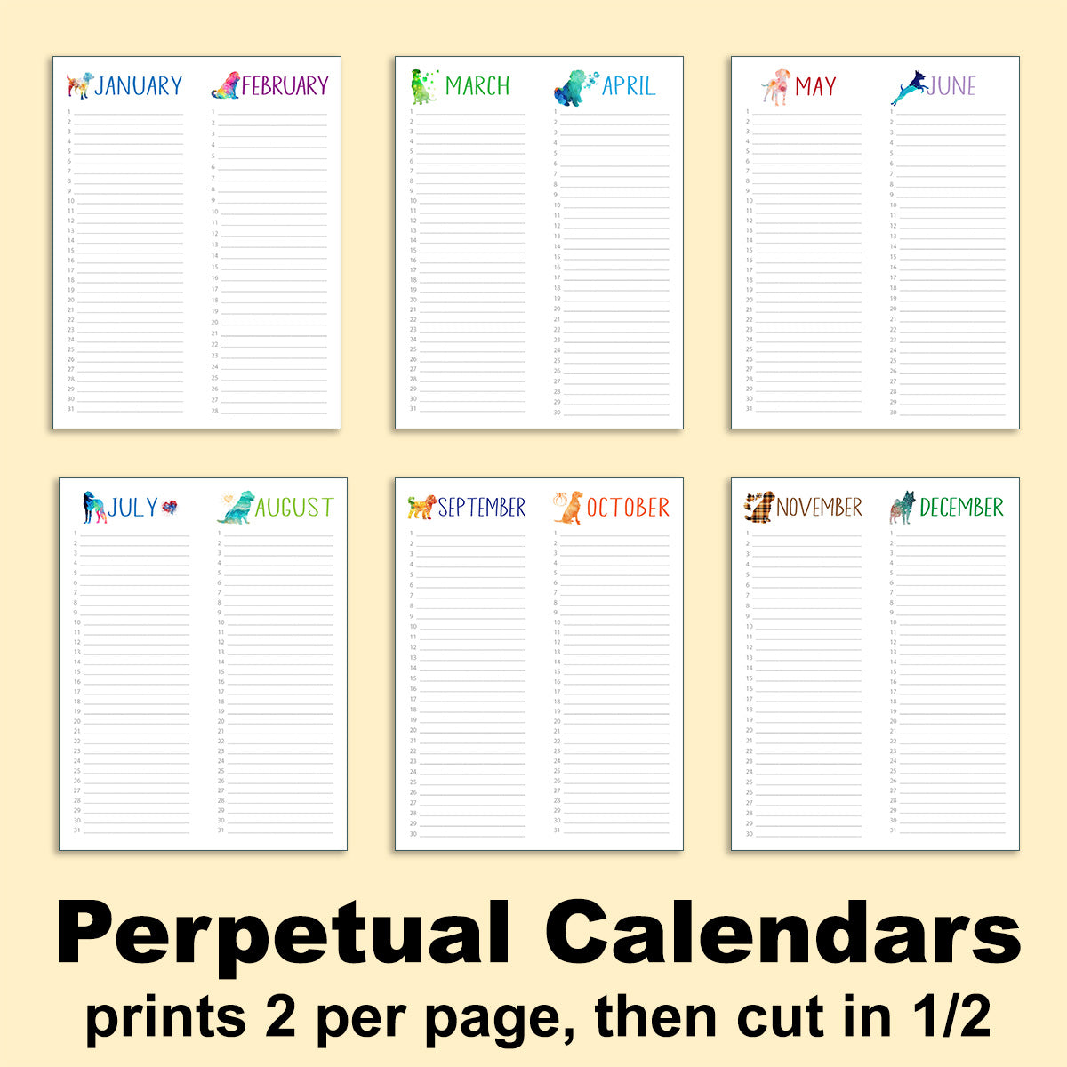 6 pages of Perpetual calendars with colorful rescue dog images.