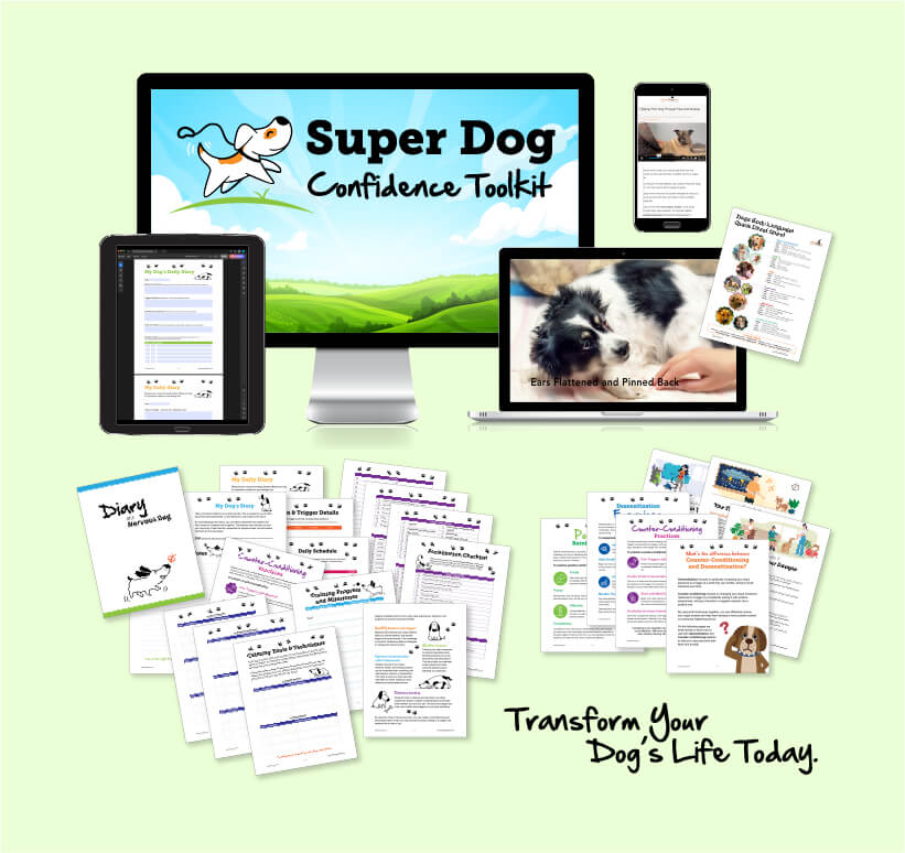Computer screen with Super Dog Confidence Toolkit logo, smart phone with video, laptop with video of dog, tablet with printable and an array of printable PDF pages.