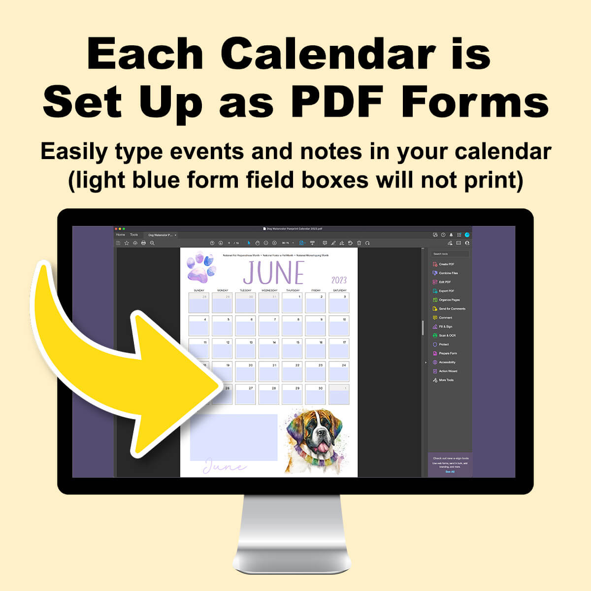 Computer screen showing the calendar inside Adobe Acrobat, using form fields for each day.