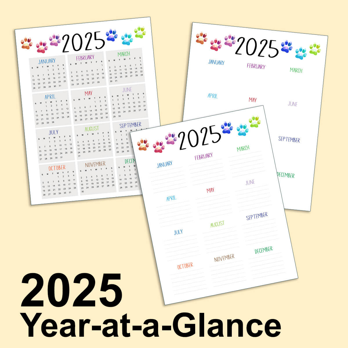 Three pages of 2025 year at a glance calendars.