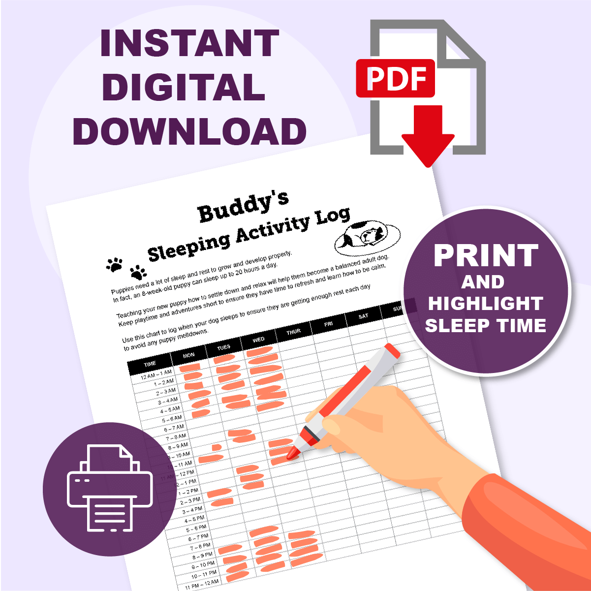 dog sleep diary PDF highlighting time slots