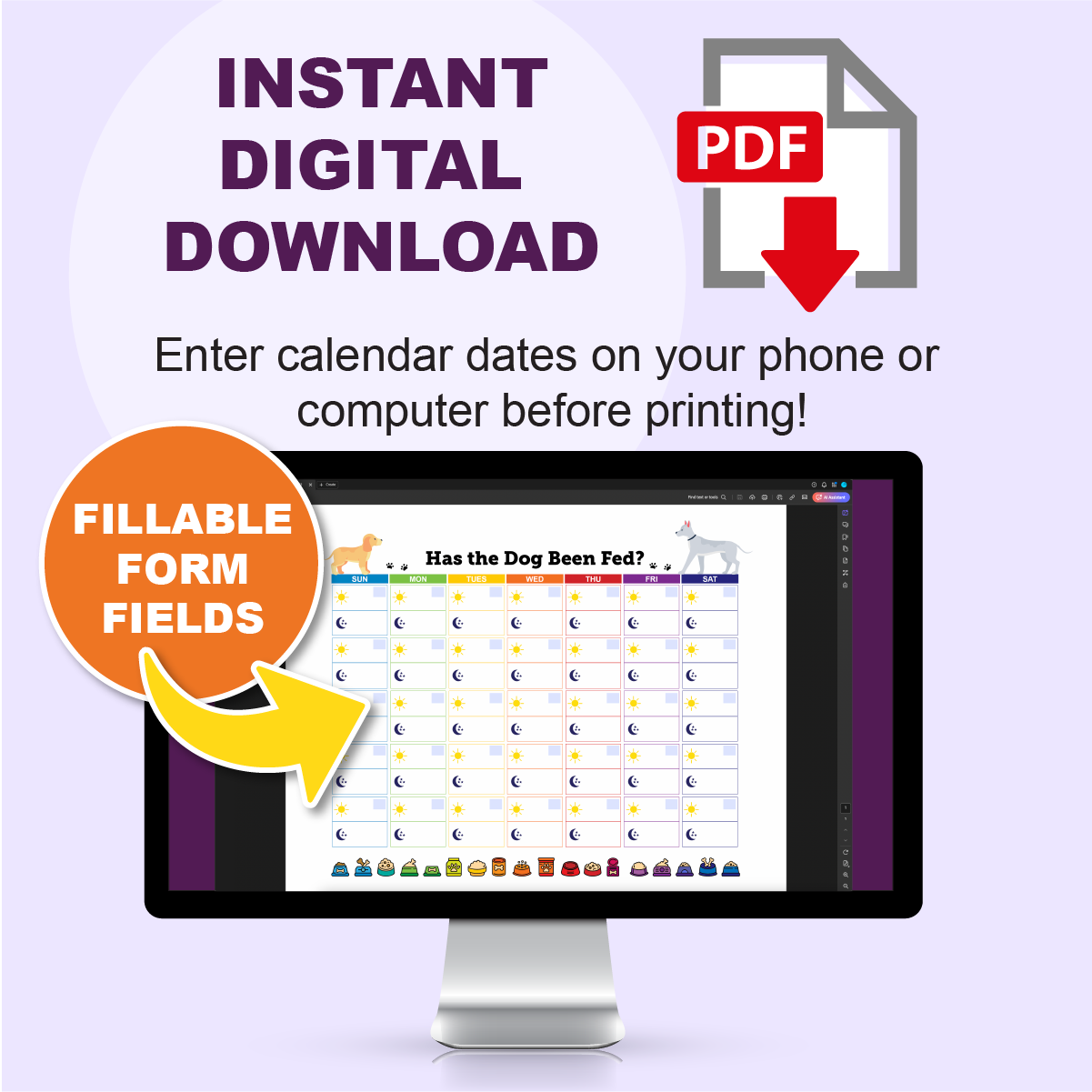 Custom Dog Feeding Chart PDF with fillable form fields.