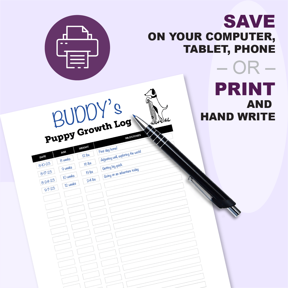 Puppy Growth Log Tracker printable