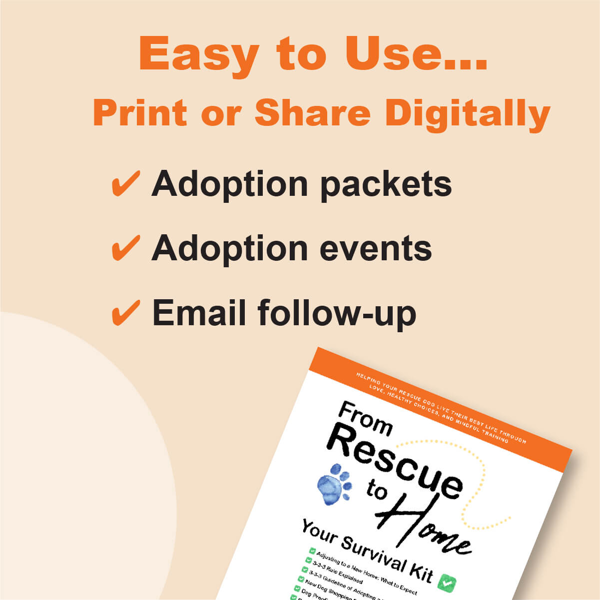 Promotional graphic for adoption resources with a 'From Rescue to Home' survival kit on a beige background.
