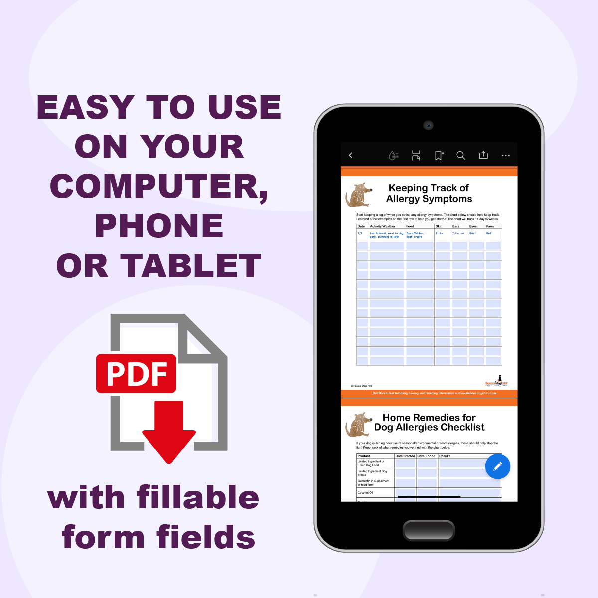 Dog Allergy Symptom chart PDF with fillable form fields