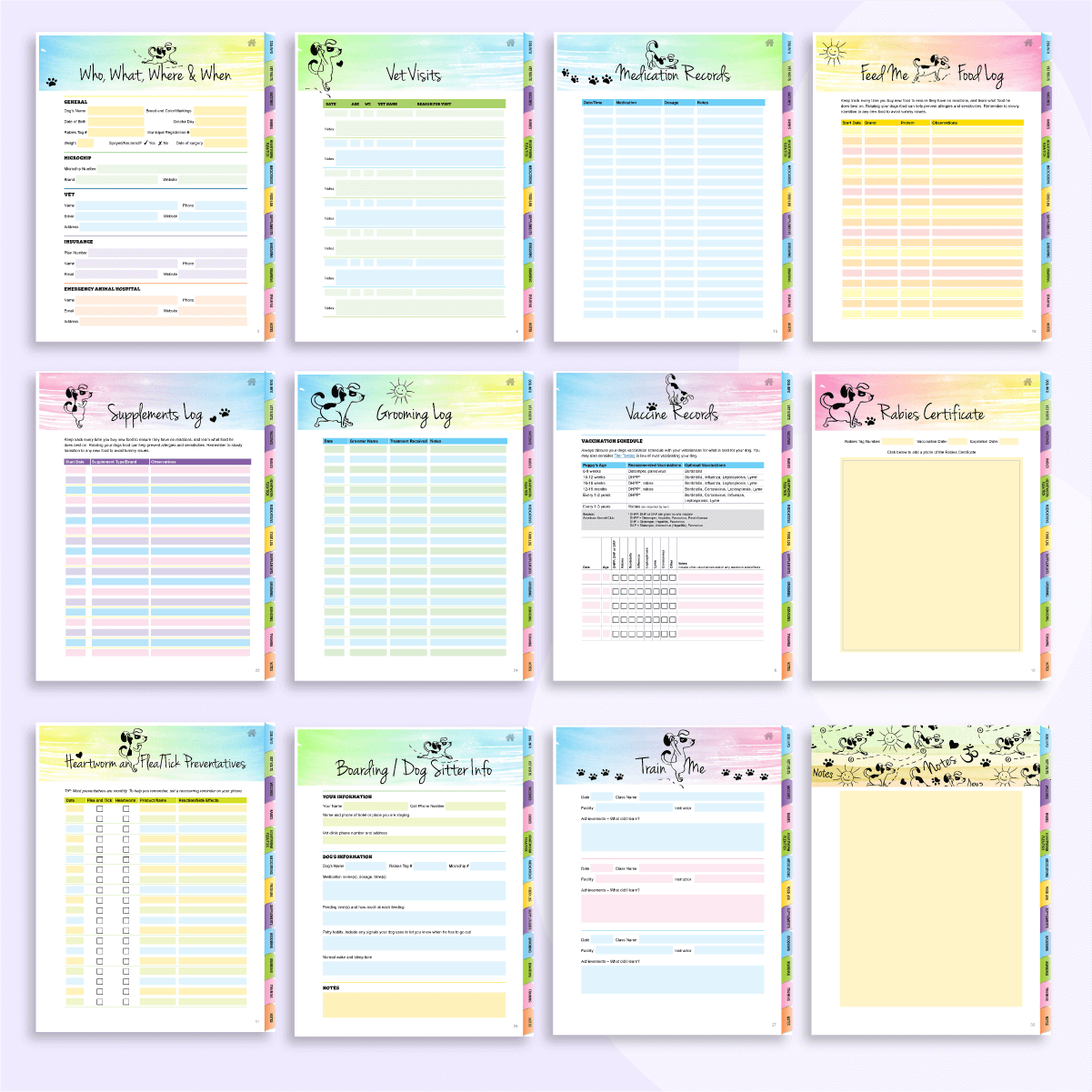 full color pages of Dog Health Planner PDF
