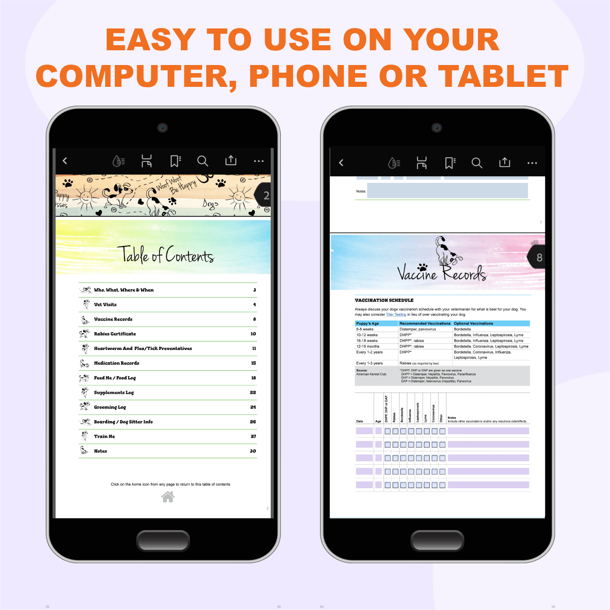 dog health planner PDF on smart phone