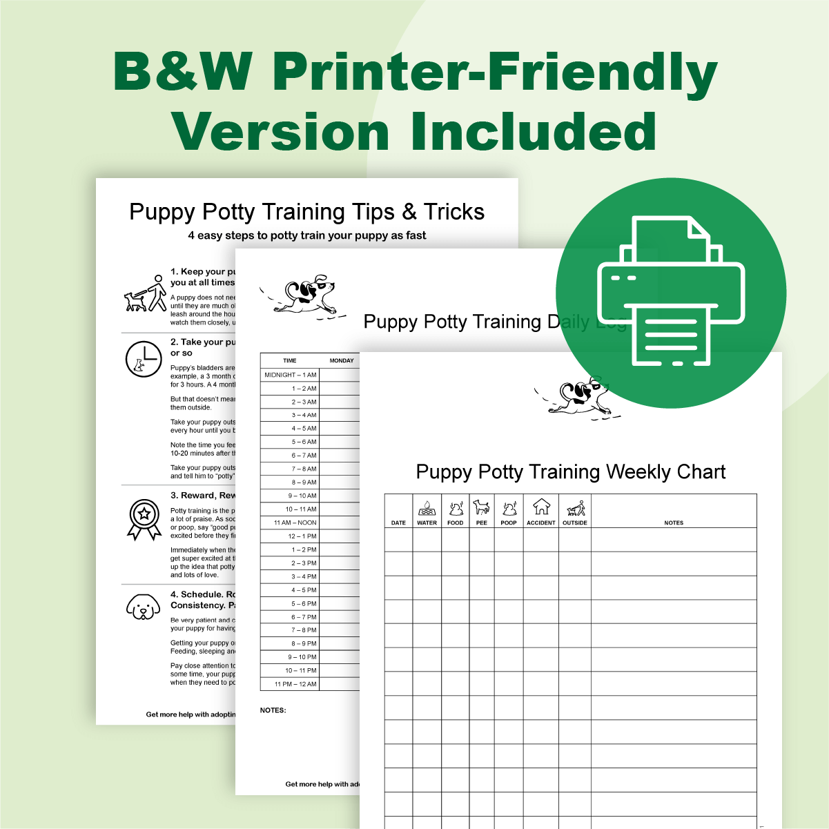 Black and white printer friendly puppy potty training printable