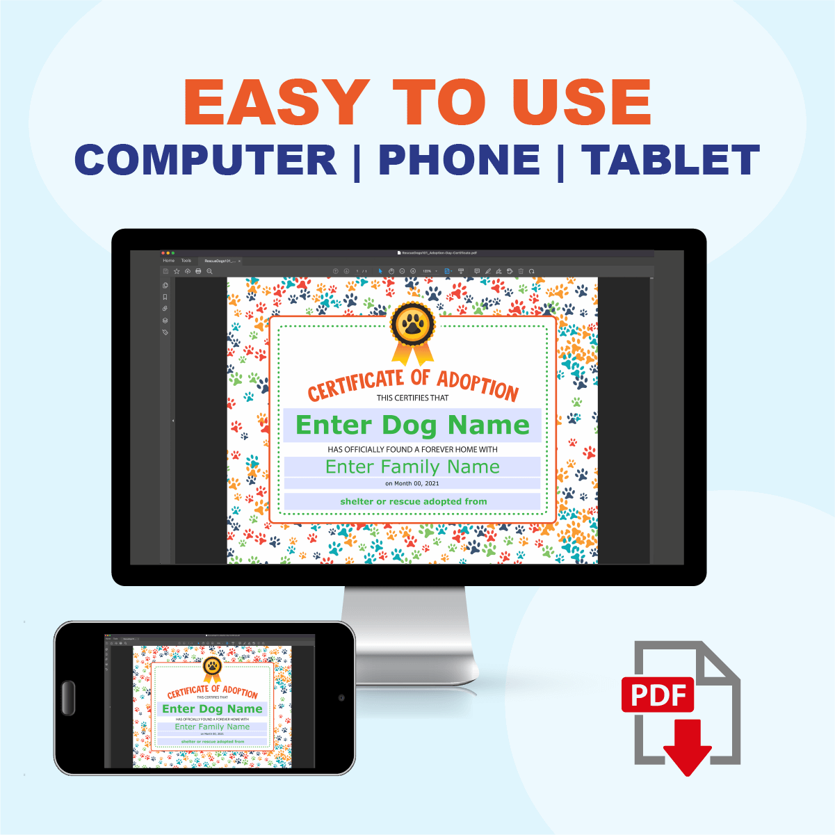 Dog Adoption Certificate Custom PDF with fillable form fields