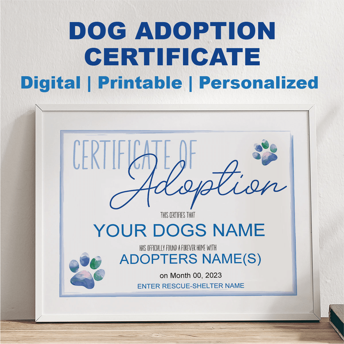 Custom Dog Adoption Certificate in a white frame