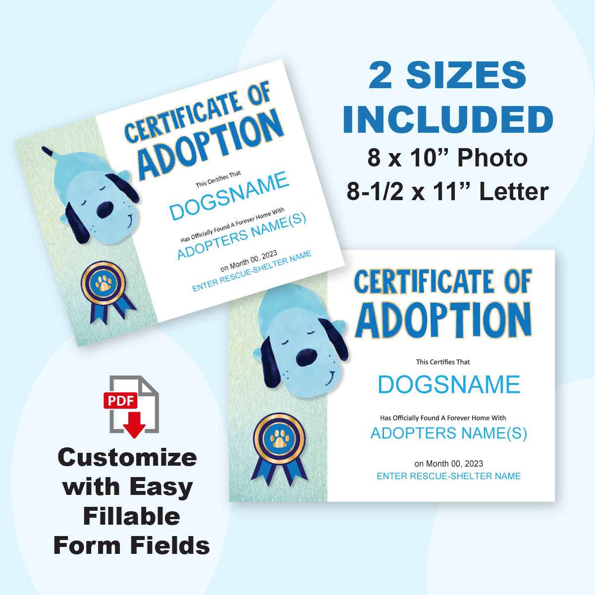 Dog Adoption Certificate Printable in two sizes, 8x10 and letter