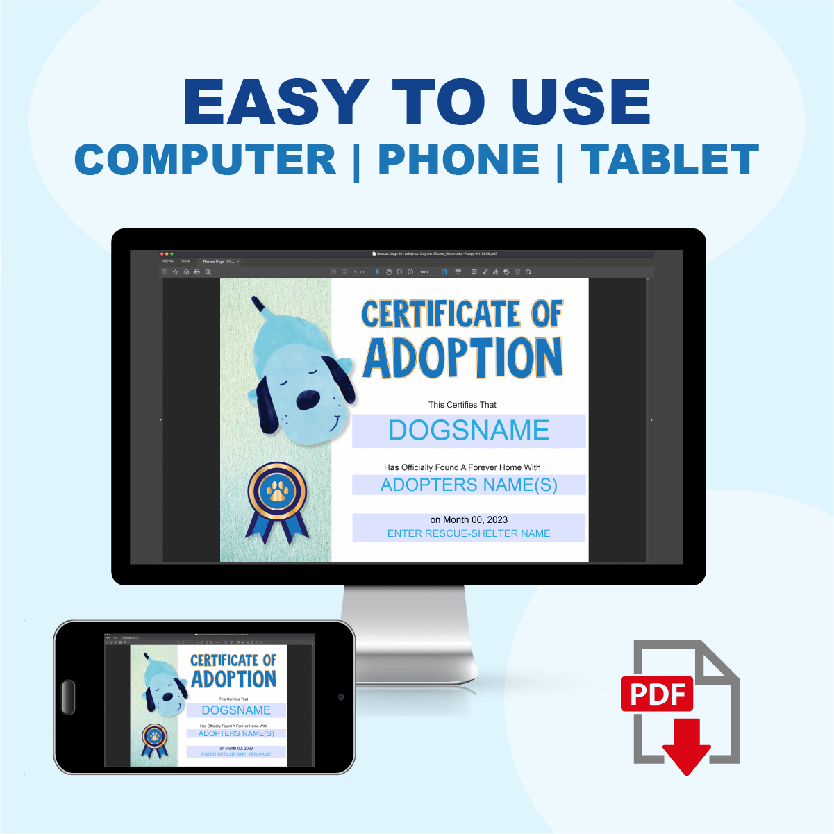 Dog Adoption Certificate Custom PDF with fillable form fields