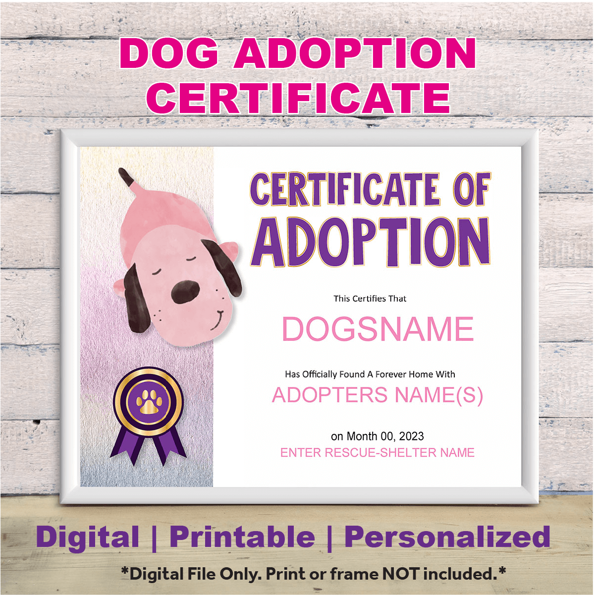 Custom Dog Adoption Certificate in a white frame