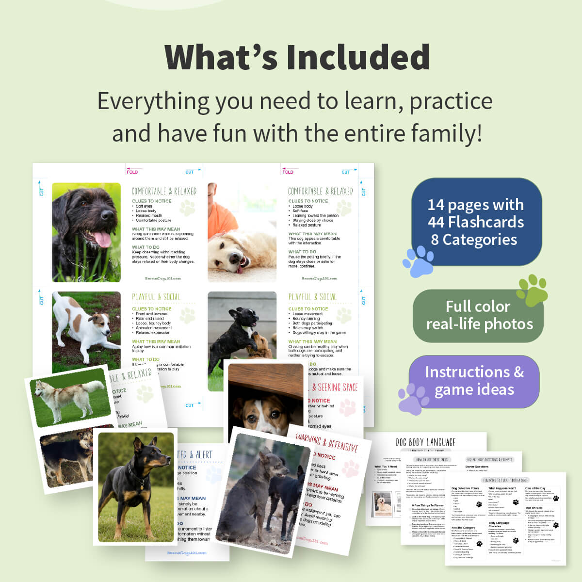 Promotional graphic for a dog training and behavior flashcard set, showing sample printed pages with dog photos and text, plus callout badges stating 14 pages with 44 flashcards in 8 categories, full color real-life photos, and instructions & game ideas.