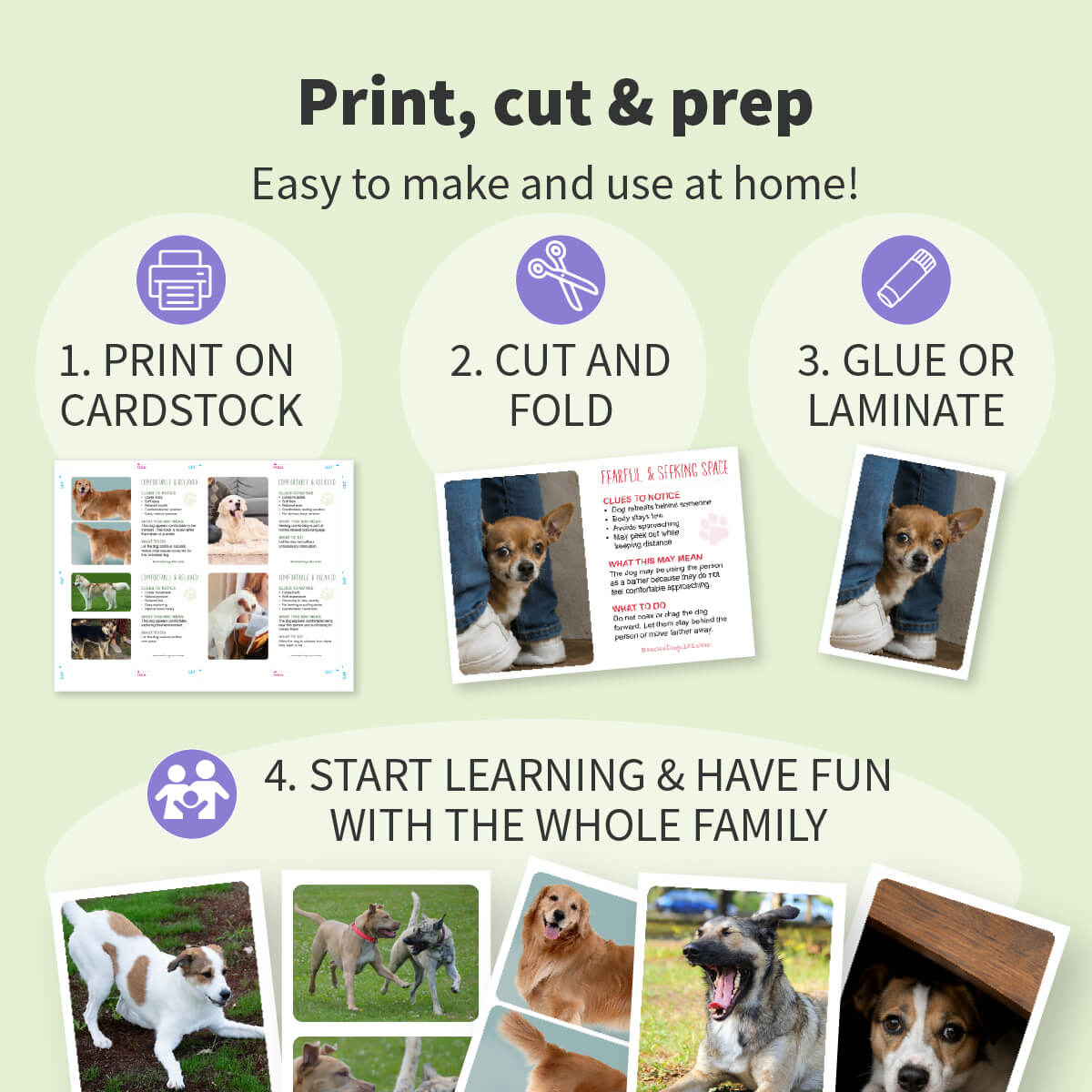 An infographic with a pale green background showing how to make and use a dog training or behavior card. The text reads 'Print, cut & prep' and lists four steps: print on cardstock, cut and fold, glue or laminate, and start learning with the whole family.