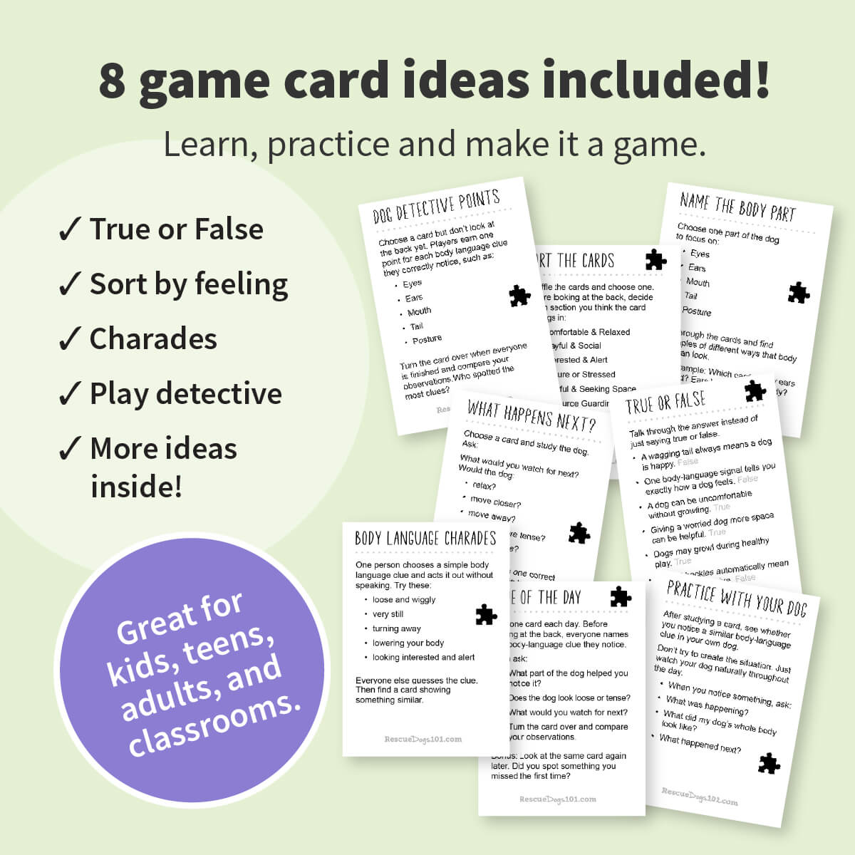 Promotional graphic for a printable game card set, showing several sample game cards fanned out on a pale green background with marketing text at the top and a purple badge at lower left.