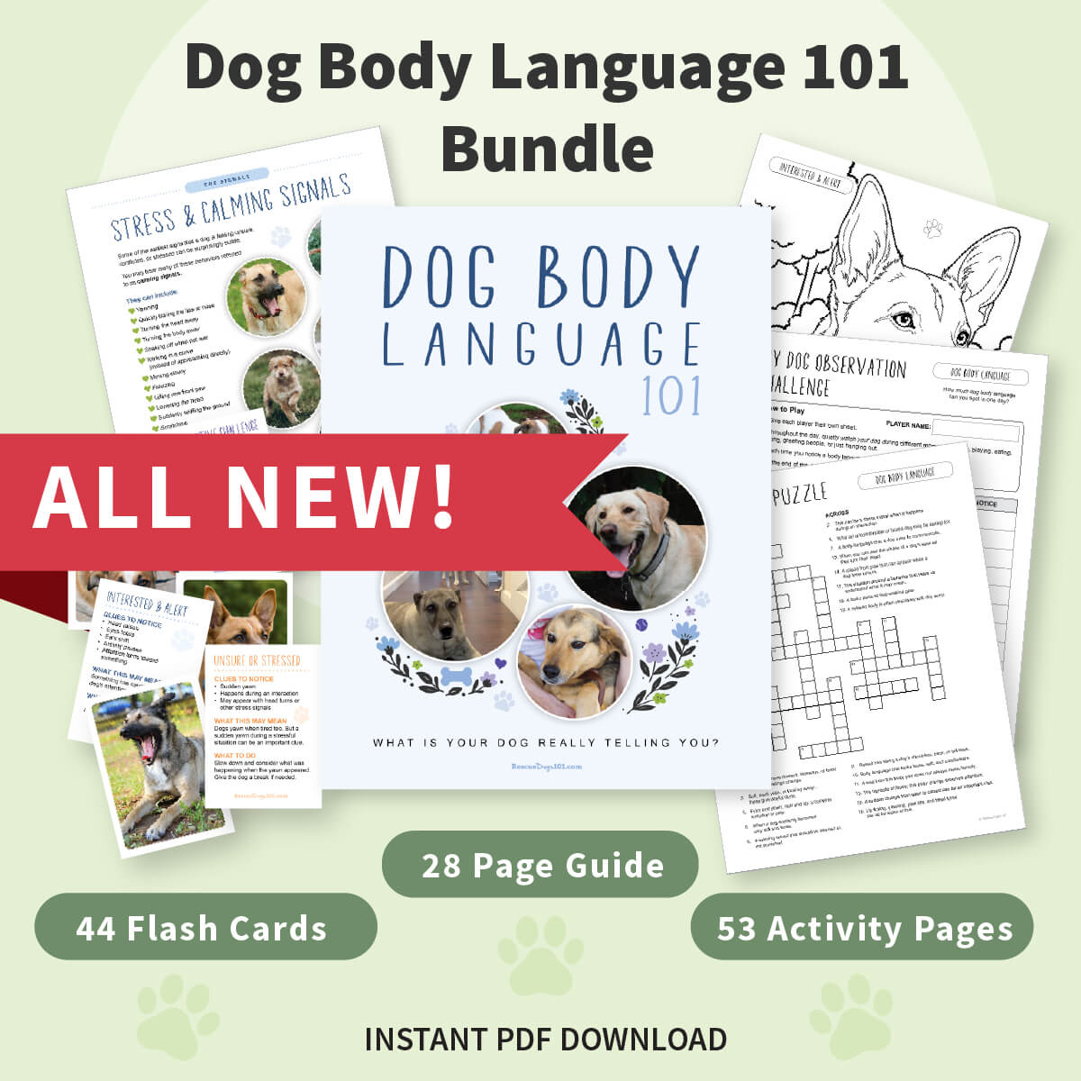 Promotional graphic for a digital PDF download bundle titled 'Dog Body Language 101 Bundle,' showing several printed worksheet and flashcard pages arranged on a pale green background with text callouts about page count and instant PDF download.