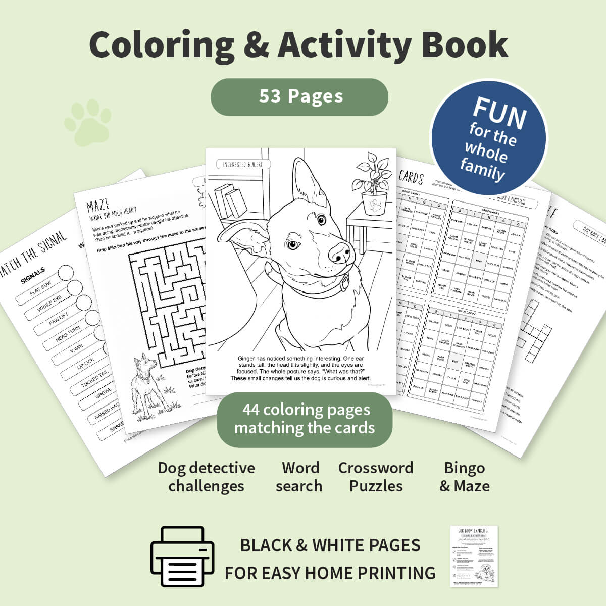 Promotional graphic for a coloring and activity book showing several printed worksheet pages fanned out, with text highlighting 53 pages, 44 coloring pages matching cards, dog detective challenges, word search, crossword puzzles, and bingo maze. The design uses a pale green background with black and white page previews and blue badge accents.