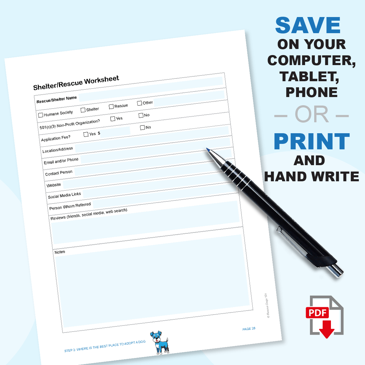 Shelter/rescue worksheet. Save on your computer, tablet, phone or print and hand write.