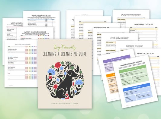 15 pages of checklists and cleaning tasks with a light beige cover with a dog and floral pattern.