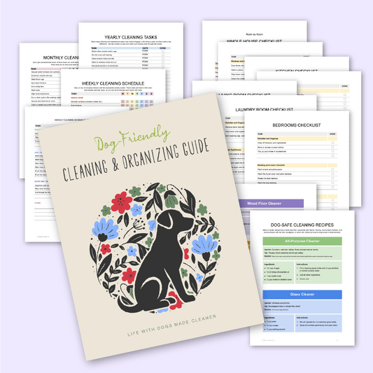 15 pages of checklists and cleaning tasks with a light beige cover with a dog and floral pattern.